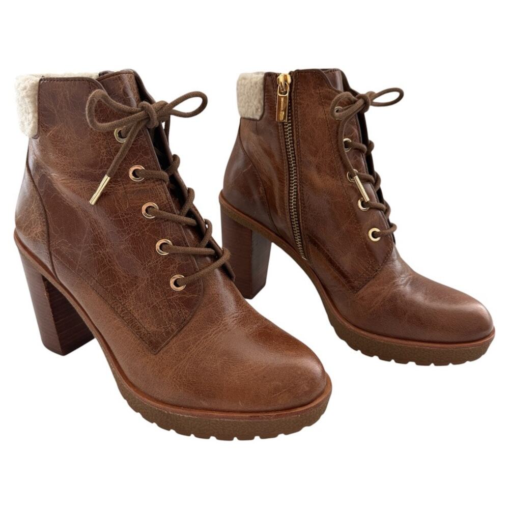 Michael Kors Kim Leather Carmel Distressed Stacked Heel Ankle Boots Size 7.5